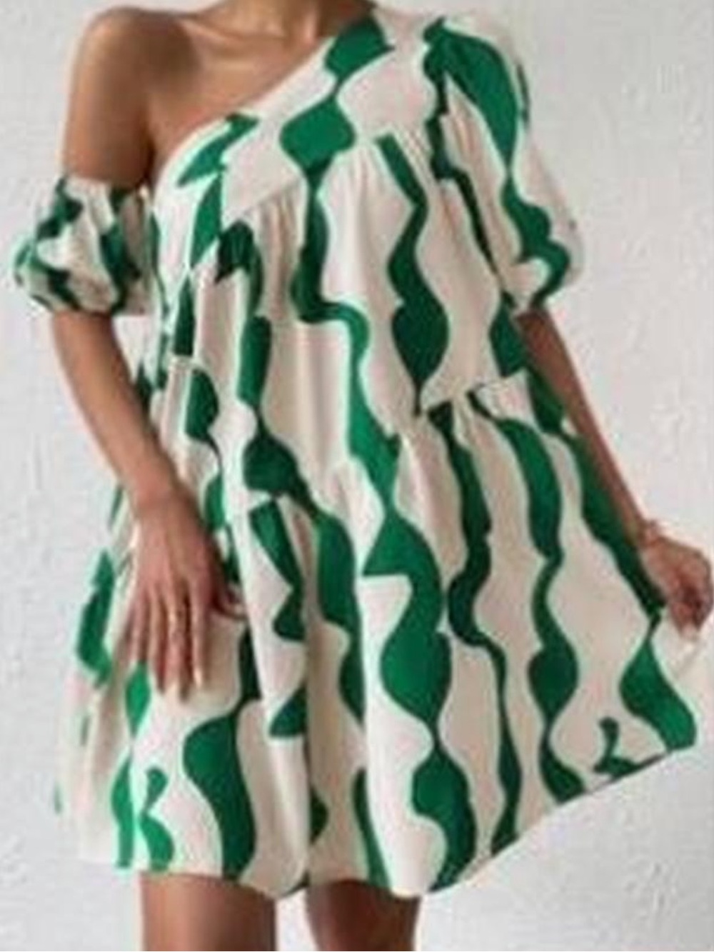 One-Shoulder Green & White Abstract Print Dress